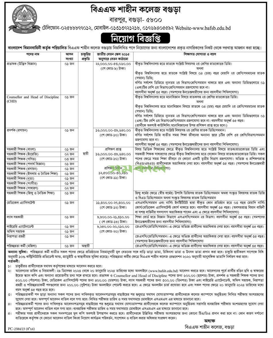 BAF Shaheen College Bogura Job Description 