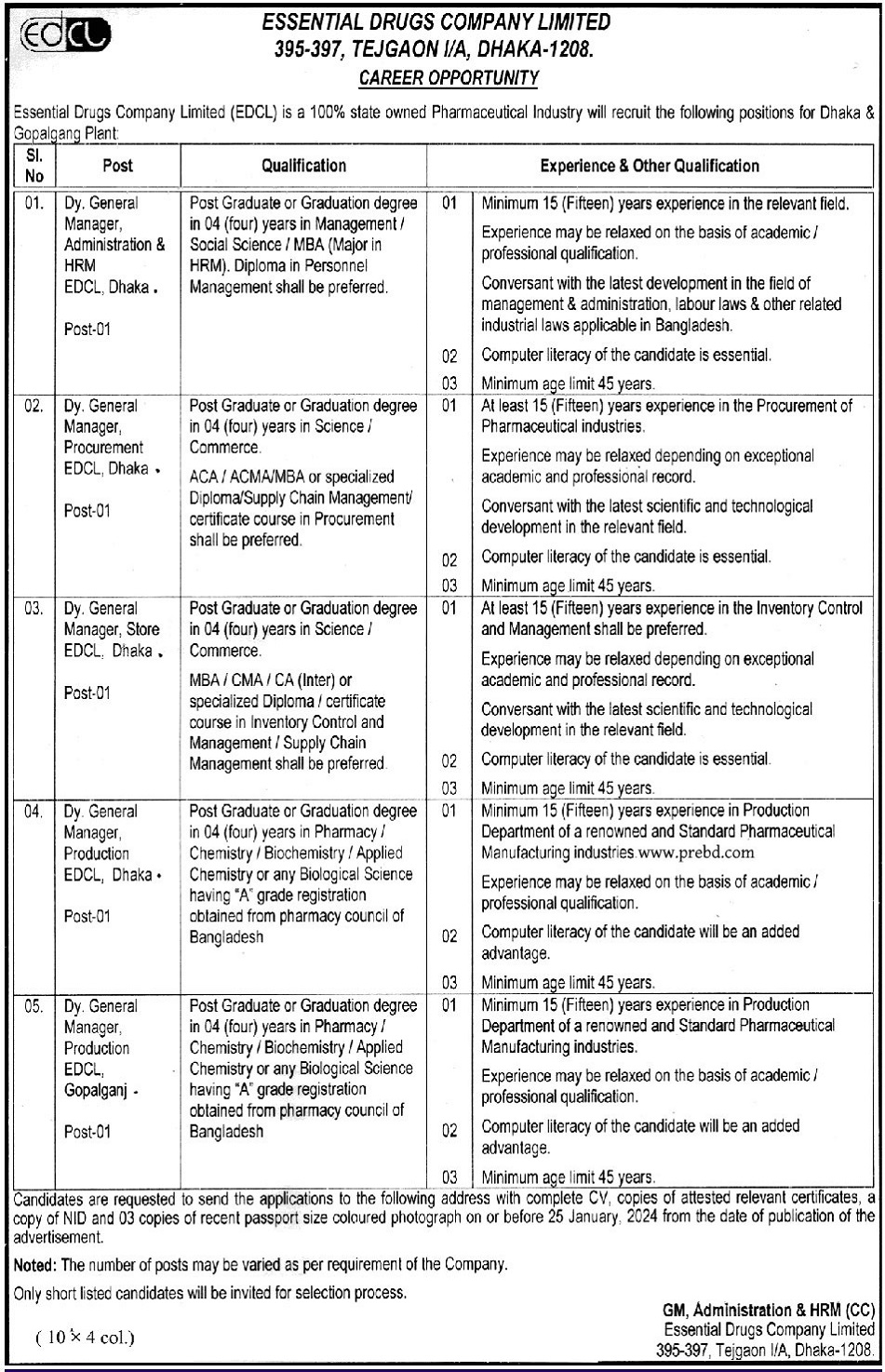 essential drugs company limited job circular